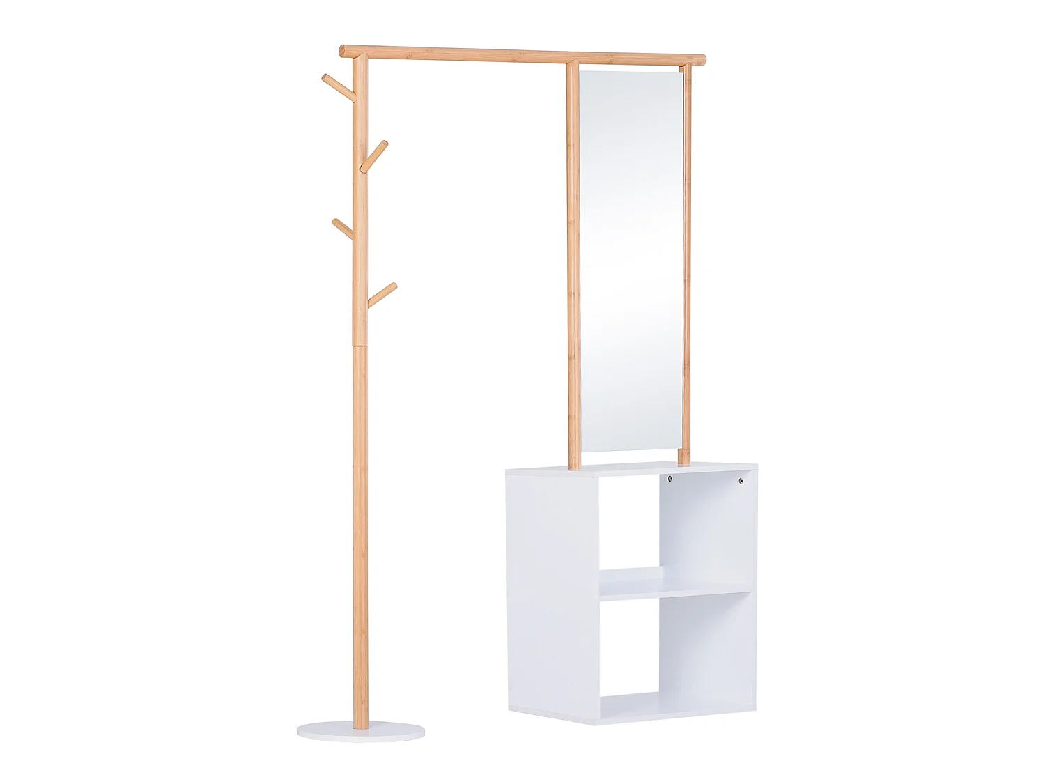 HOMCOM Porte-manteaux meuble d'entrée vestiaire penderie avec miroir 4 patères 2 niches dim. 100L x 34l x 164H cm MDF blanc bois massif bambou