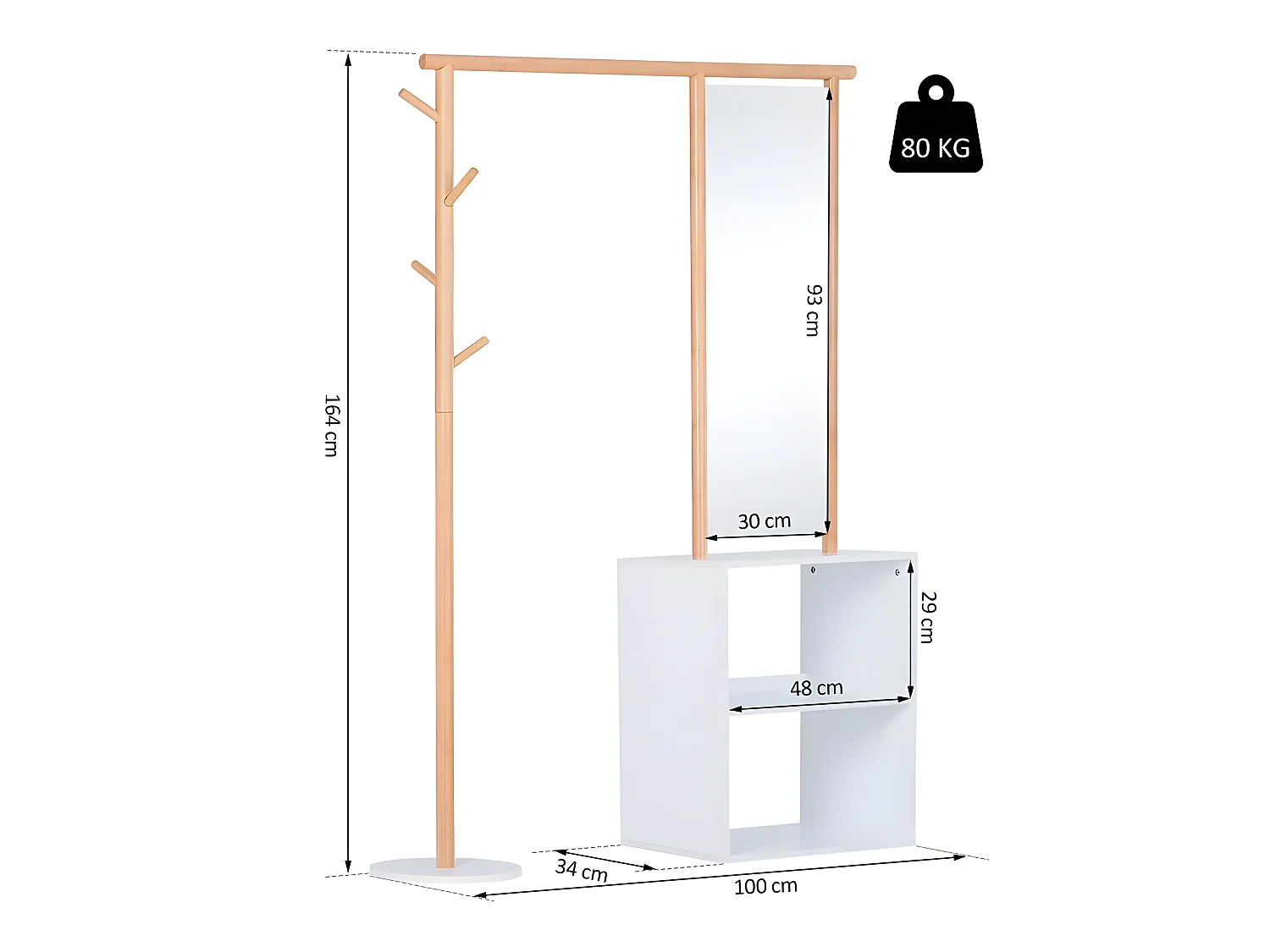 HOMCOM Porte-manteaux meuble d'entrée vestiaire penderie avec miroir 4 patères 2 niches dim. 100L x 34l x 164H cm MDF blanc bois massif bambou
