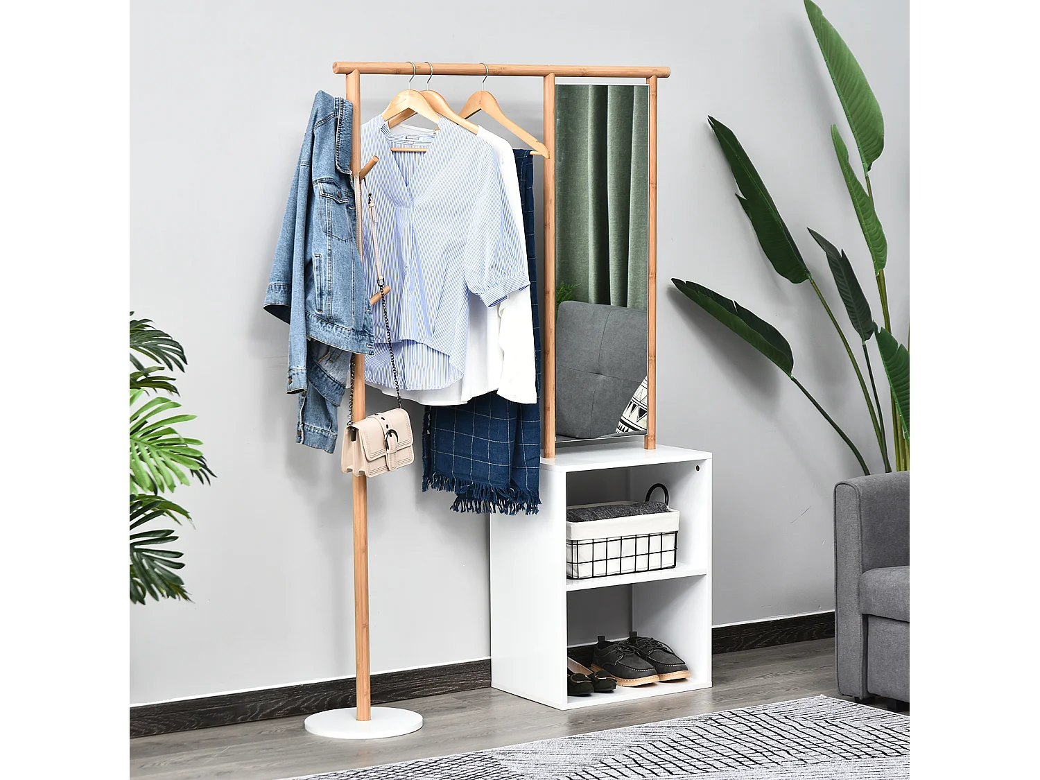 HOMCOM Porte-manteaux meuble d'entrée vestiaire penderie avec miroir 4 patères 2 niches dim. 100L x 34l x 164H cm MDF blanc bois massif bambou