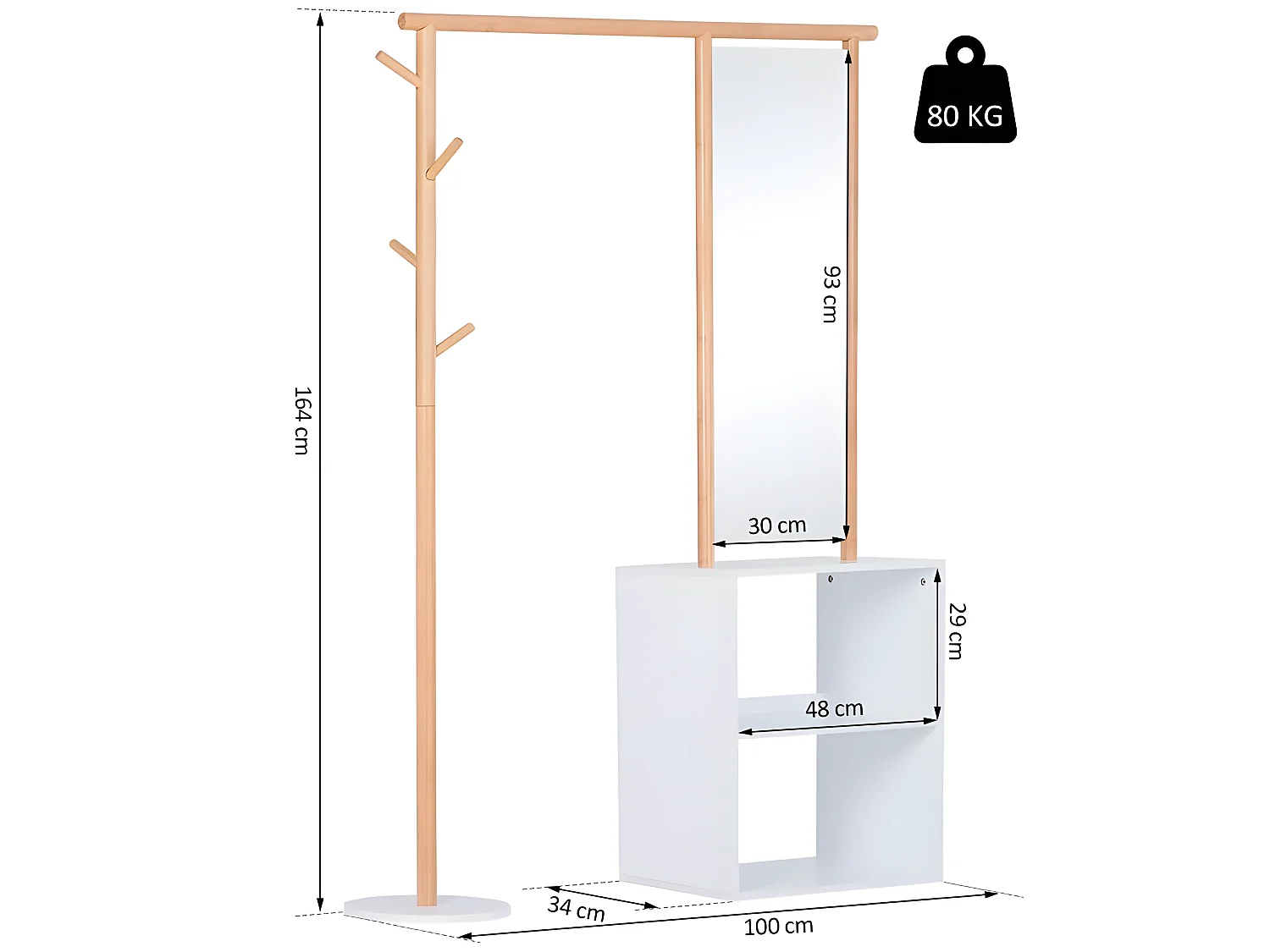 HOMCOM Porte-manteaux meuble d'entrée vestiaire penderie avec miroir 4 patères 2 niches dim. 100L x 34l x 164H cm MDF blanc bois massif bambou