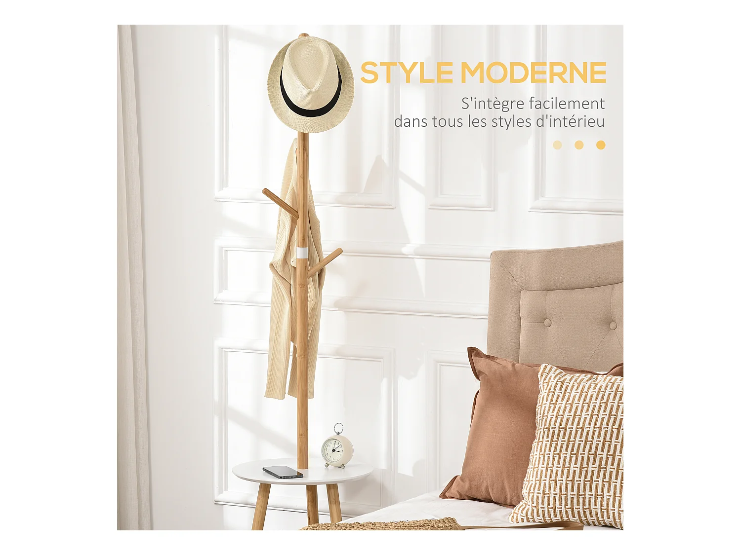 Porte-manteau design scandinave branches 5 patères 2 étagères MDF blanc bois bambou verni