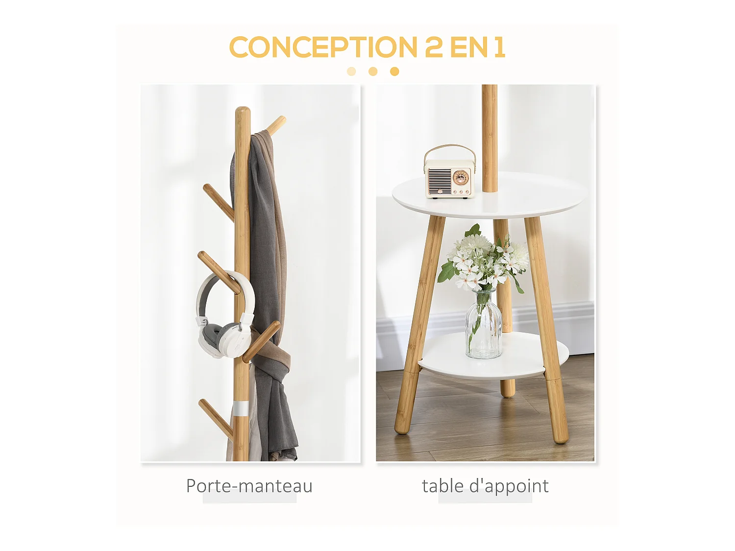 Porte-manteau design scandinave branches 5 patères 2 étagères MDF blanc bois bambou verni