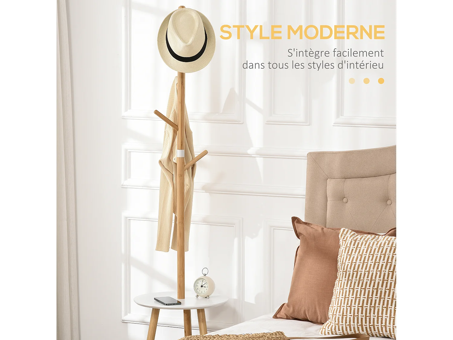 Porte-manteau design scandinave branches 5 patères 2 étagères MDF blanc bois bambou verni