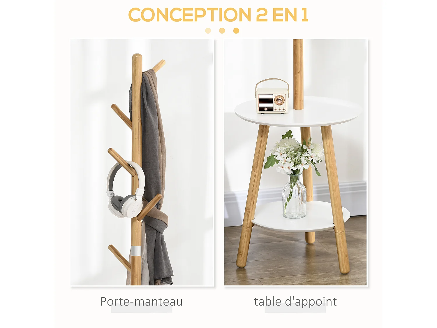 Porte-manteau design scandinave branches 5 patères 2 étagères MDF blanc bois bambou verni