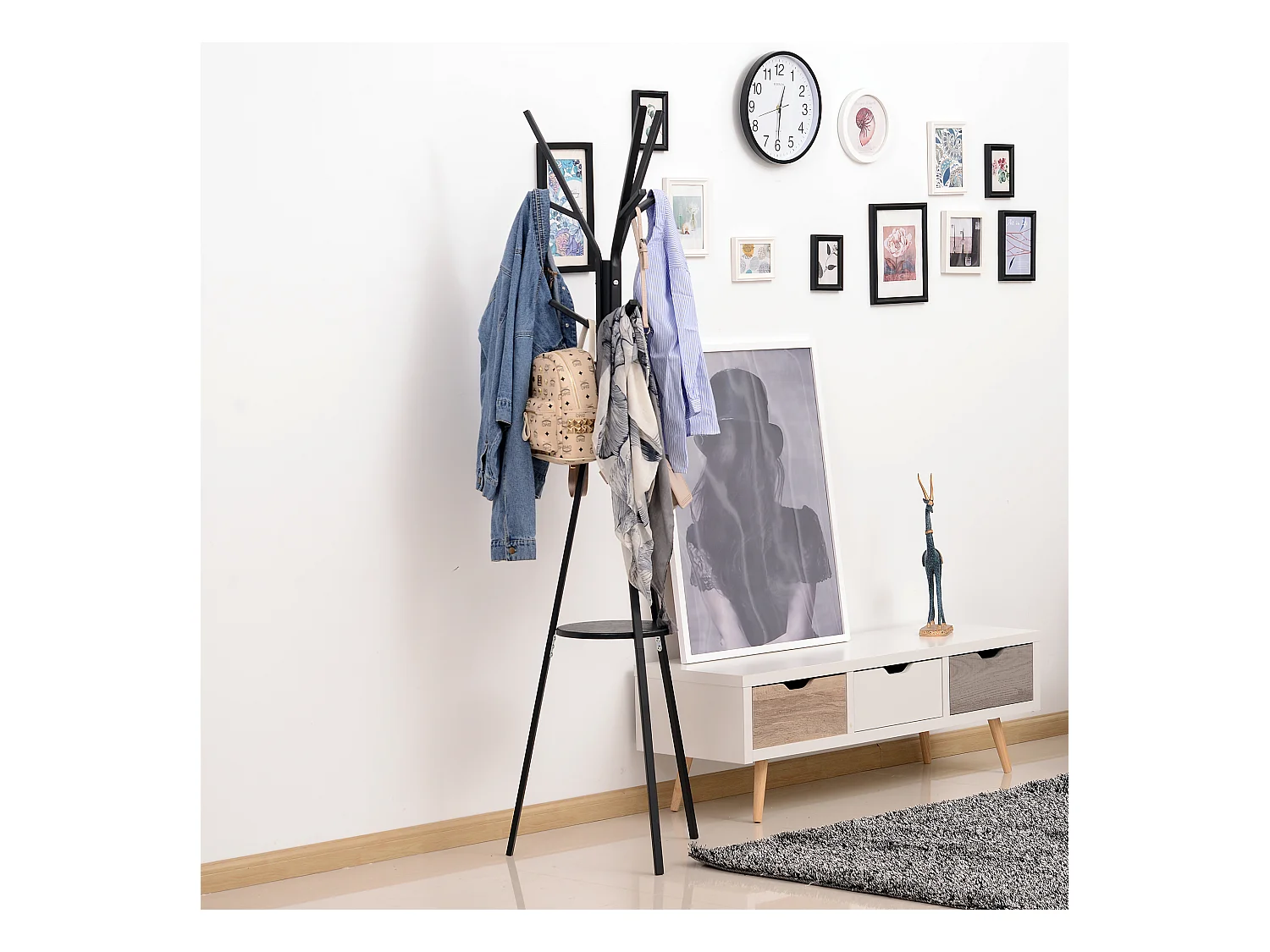 Porte-manteau trépied design contemporain branches étagère + 9 patères dim. 45L x 45l x 180H cm métal noir