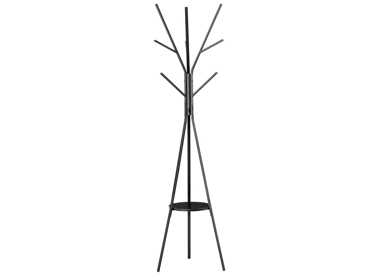 Porte-manteau trépied design contemporain branches étagère + 9 patères dim. 45L x 45l x 180H cm métal noir