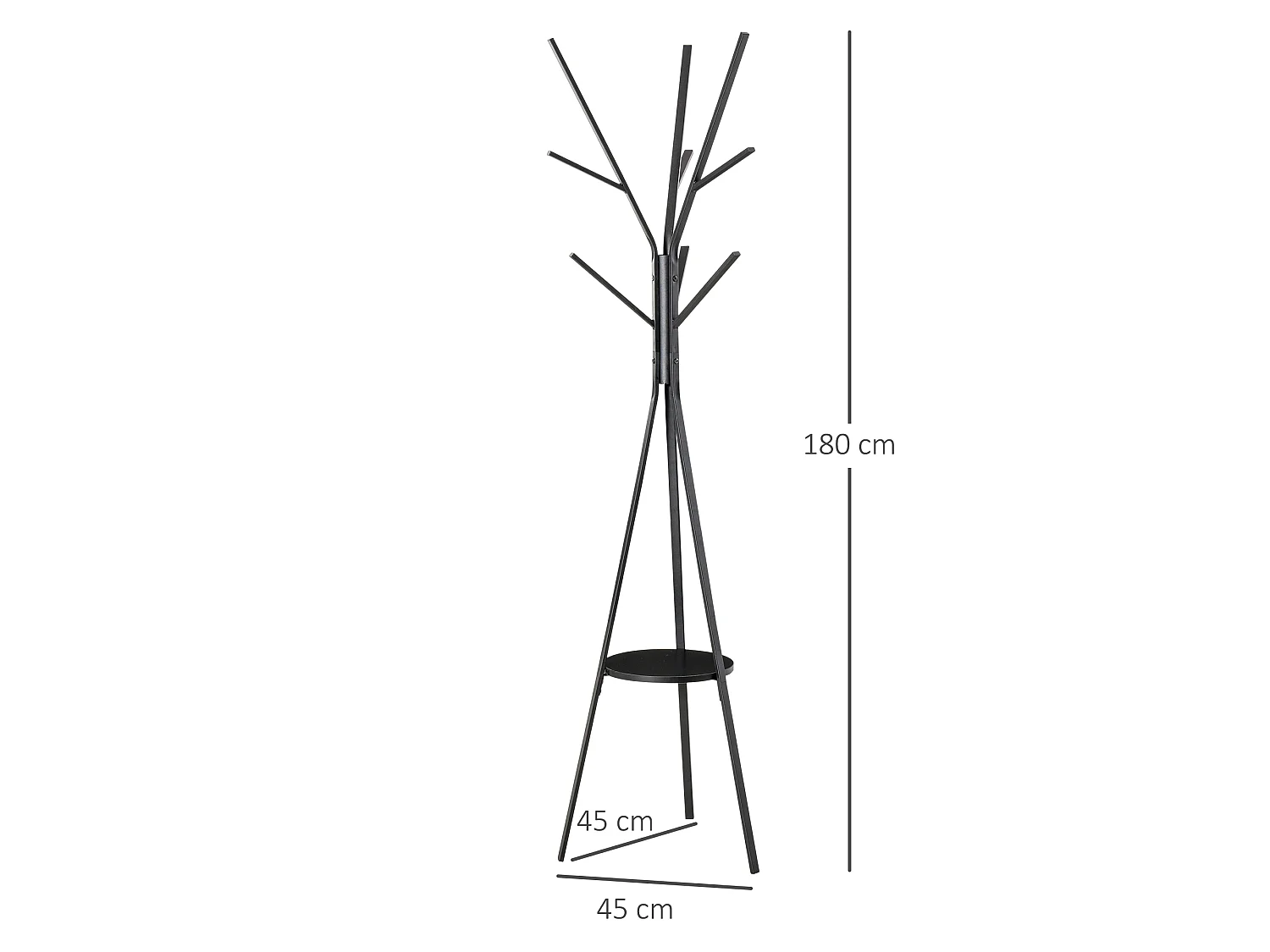 Porte-manteau trépied design contemporain branches étagère + 9 patères dim. 45L x 45l x 180H cm métal noir
