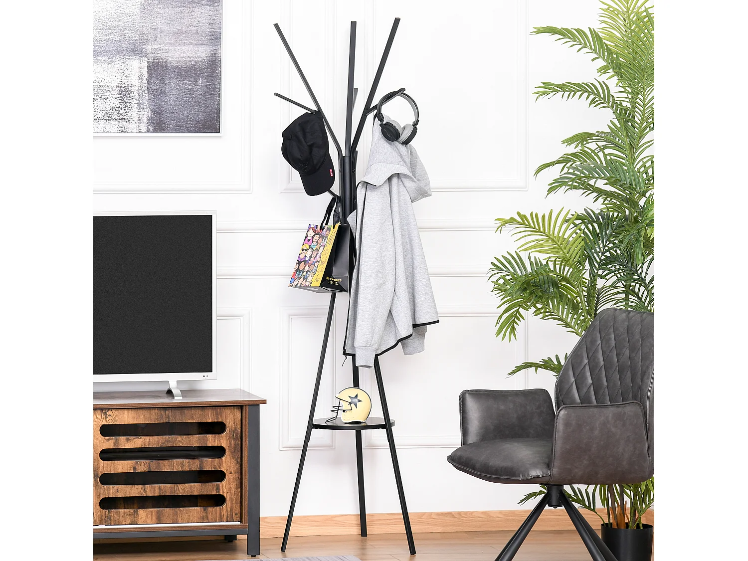 Porte-manteau trépied design contemporain branches étagère + 9 patères dim. 45L x 45l x 180H cm métal noir