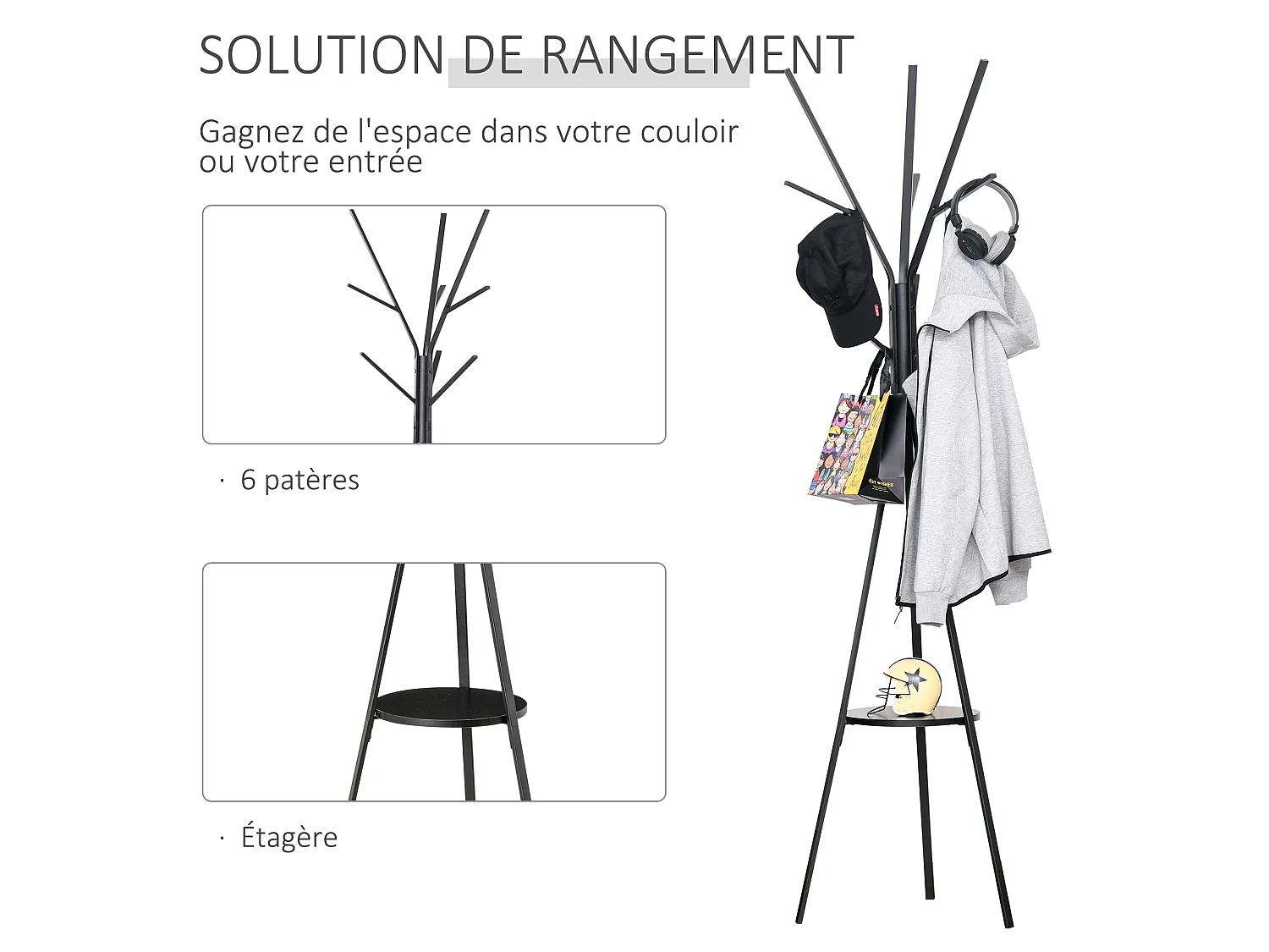 Porte-manteau trépied design contemporain branches étagère + 9 patères dim. 45L x 45l x 180H cm métal noir