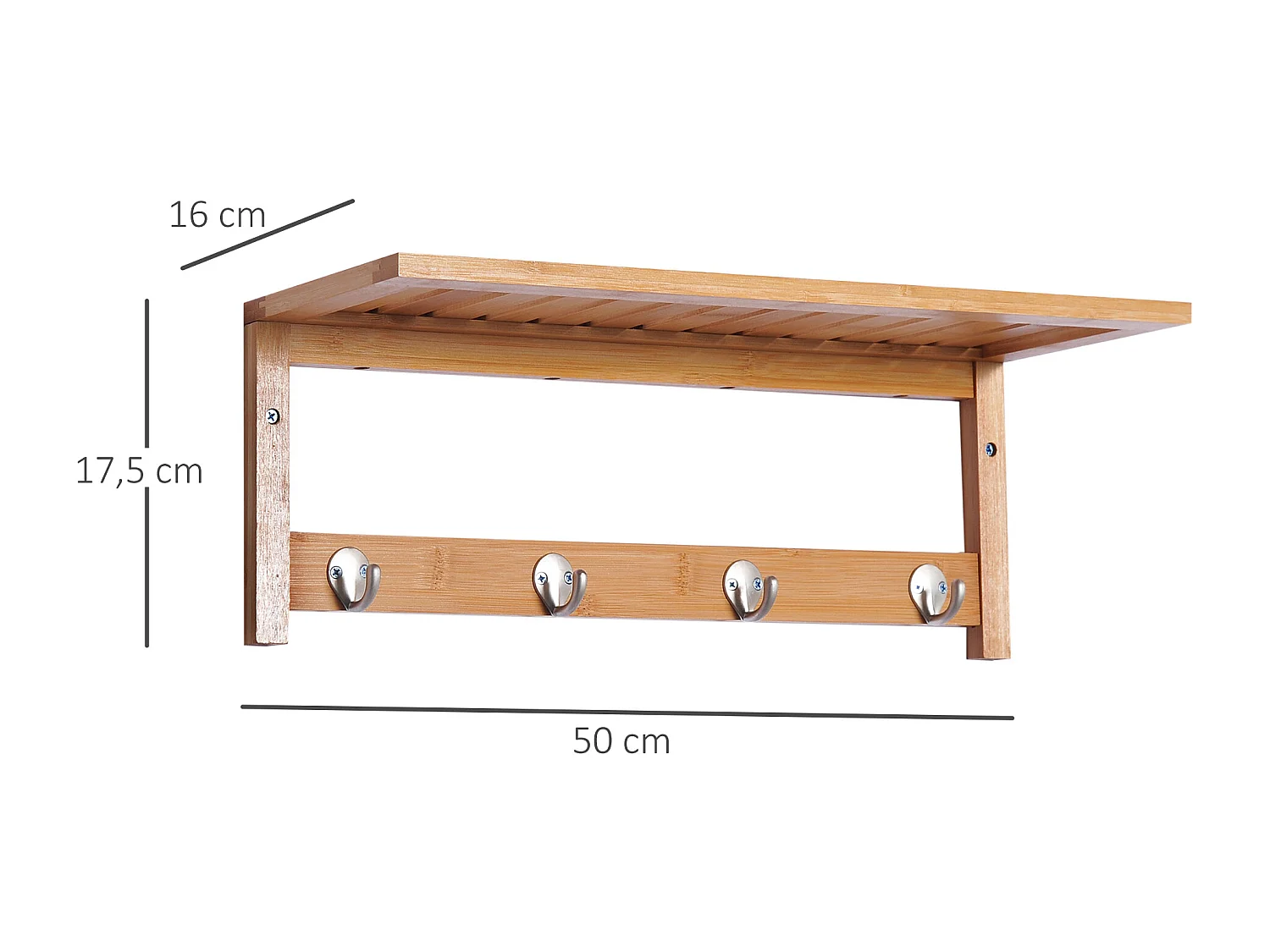 Porte-manteau mural penderie murale étagère 50L x 16l x 17,5H cm 4 patères kit fixation fourni bambou naturel