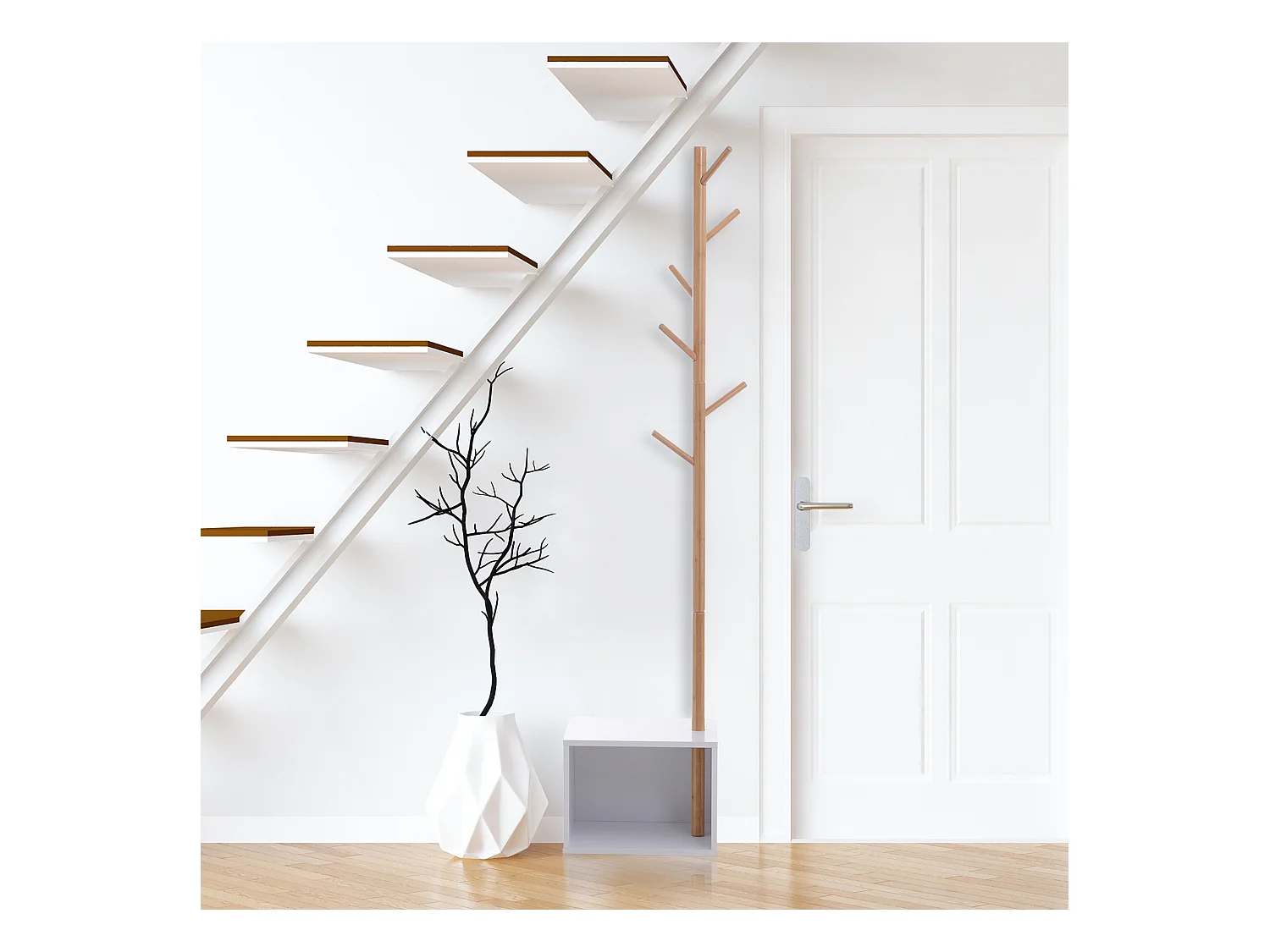 HOMCOM Meuble rangement porte-manteaux 2 en 1 design contemporain cosy dim. 40L x 30l x 180H cm MDF blanc bois massif bambou