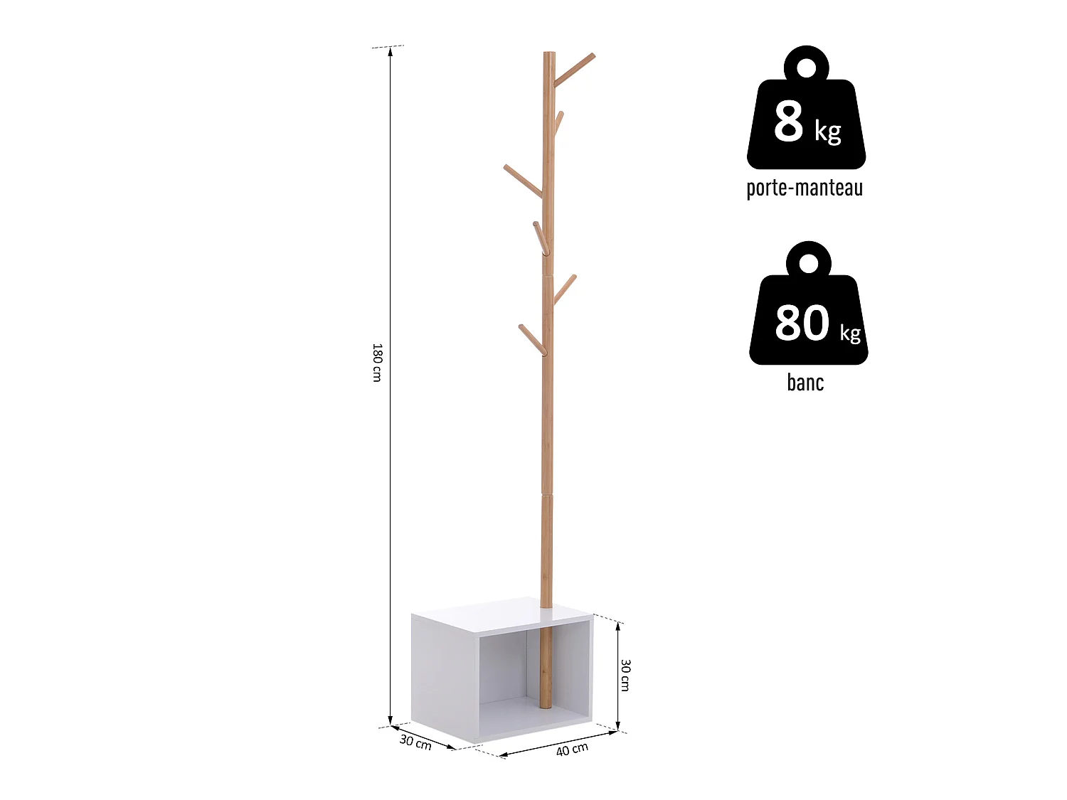 HOMCOM Meuble rangement porte-manteaux 2 en 1 design contemporain cosy dim. 40L x 30l x 180H cm MDF blanc bois massif bambou