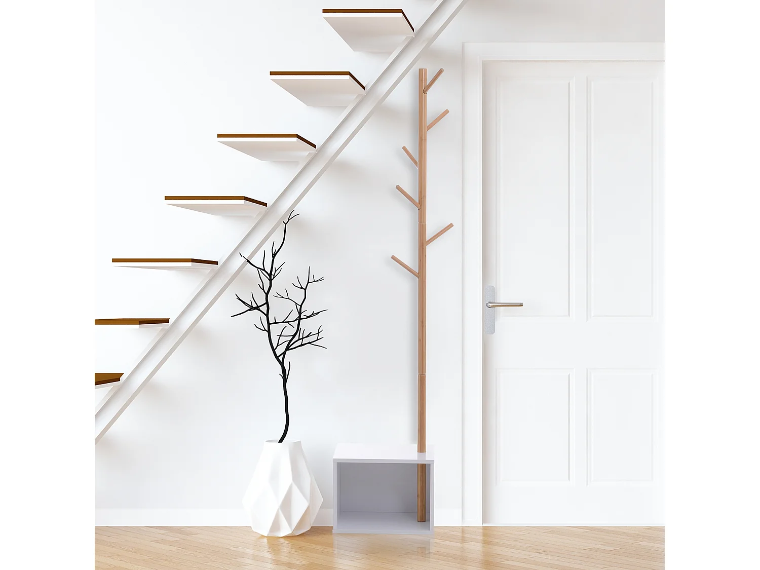 HOMCOM Meuble rangement porte-manteaux 2 en 1 design contemporain cosy dim. 40L x 30l x 180H cm MDF blanc bois massif bambou