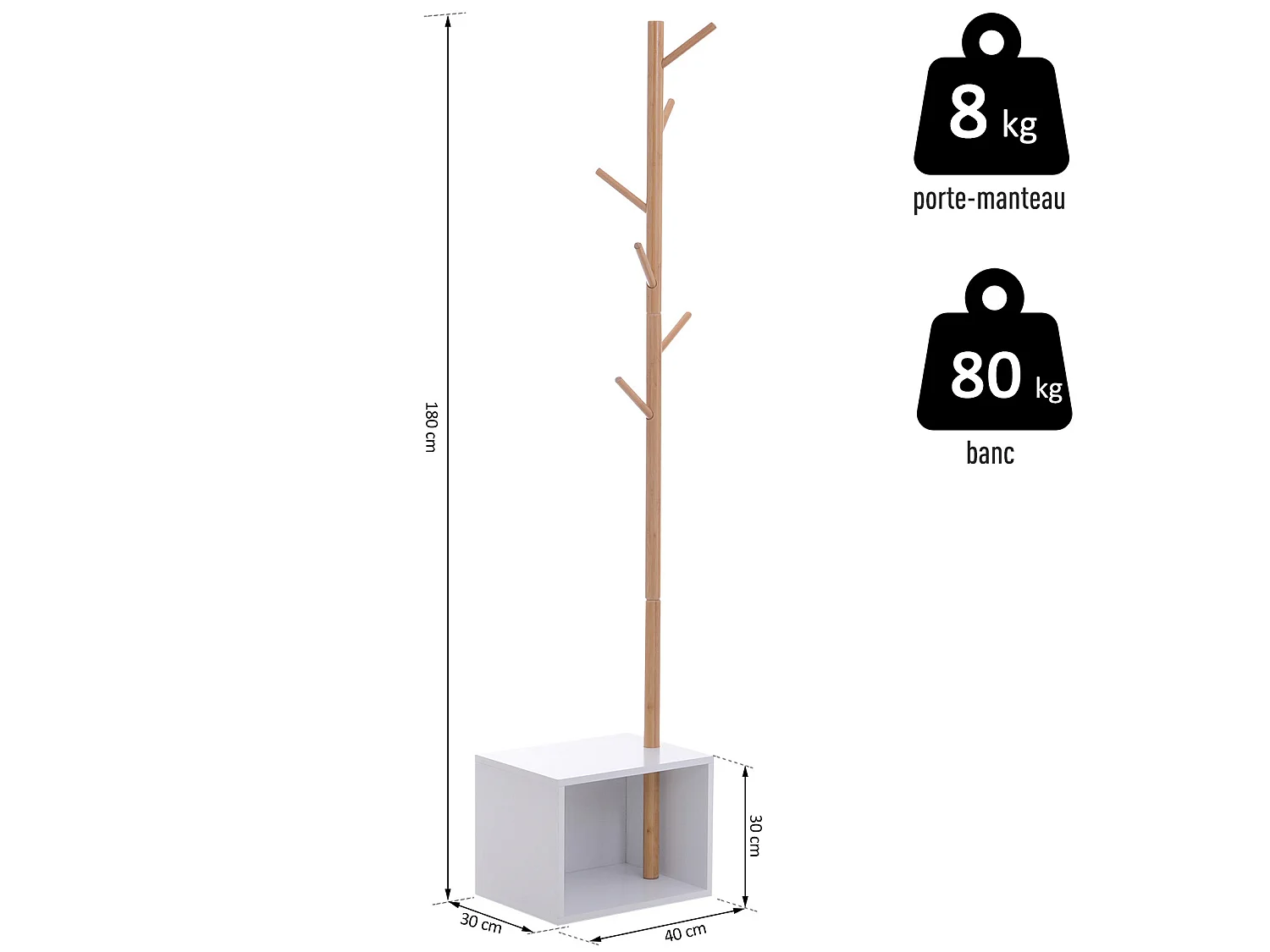 HOMCOM Meuble rangement porte-manteaux 2 en 1 design contemporain cosy dim. 40L x 30l x 180H cm MDF blanc bois massif bambou
