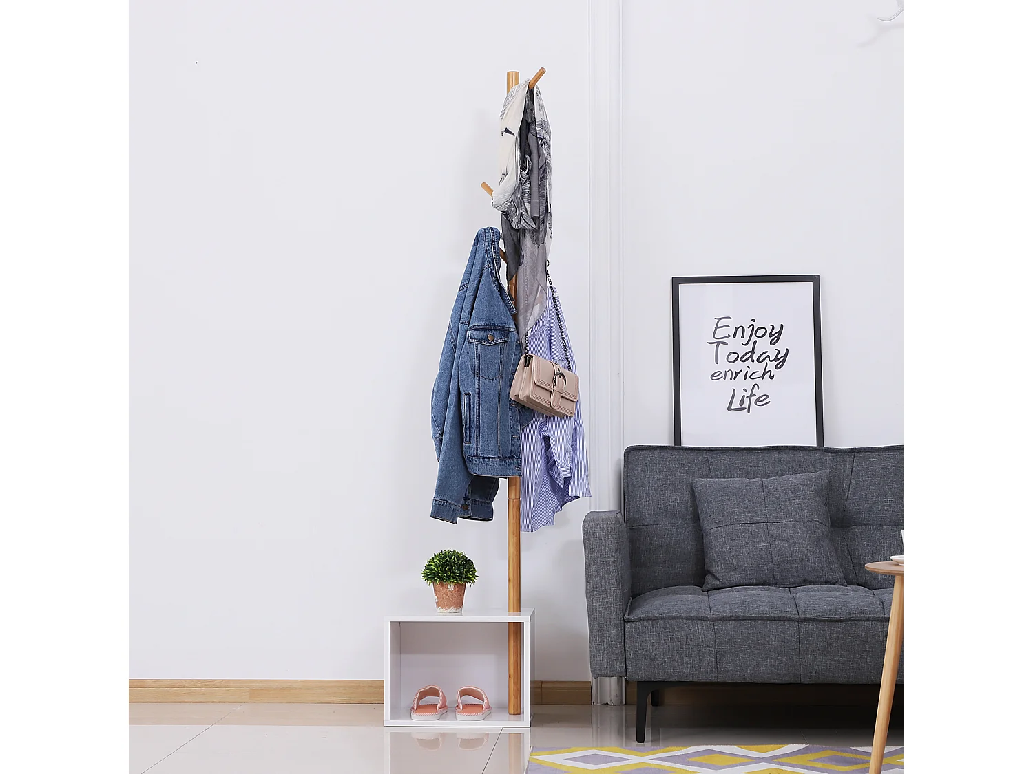 HOMCOM Meuble rangement porte-manteaux 2 en 1 design contemporain cosy dim. 40L x 30l x 180H cm MDF blanc bois massif bambou