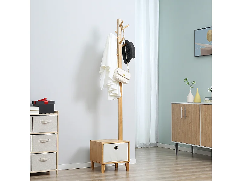 HOMCOM Meuble rangement avec tiroir porte-manteau banc 3 en 1 style scandinave polyester gris clair bois massif bambou