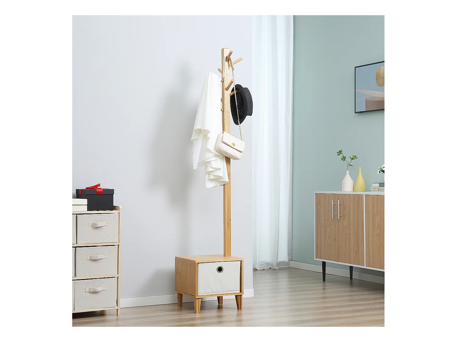 HOMCOM Meuble rangement avec tiroir porte-manteau banc 3 en 1 style scandinave polyester gris clair bois massif bambou