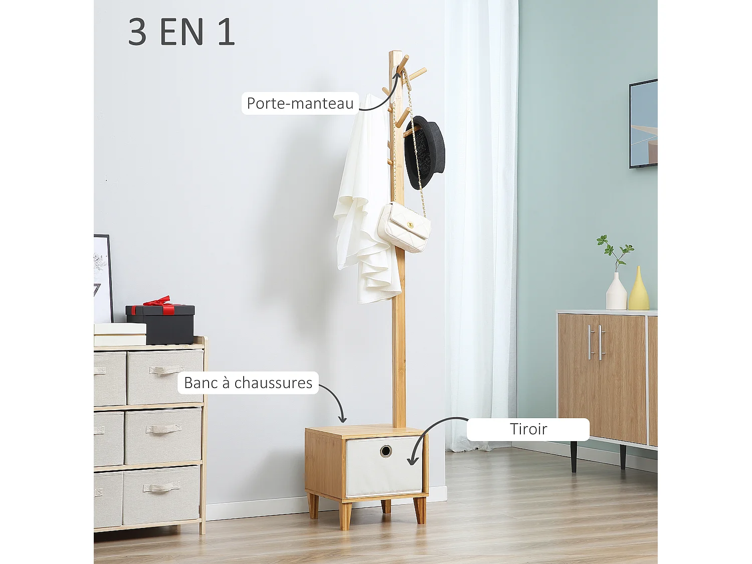 HOMCOM Meuble rangement avec tiroir porte-manteau banc 3 en 1 style scandinave polyester gris clair bois massif bambou