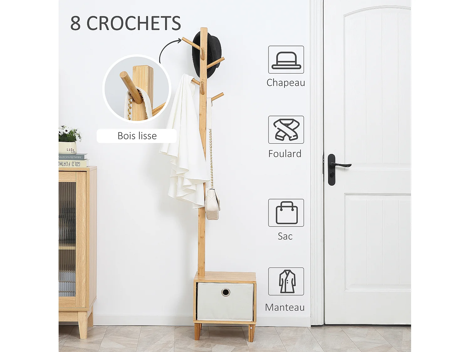 HOMCOM Meuble rangement avec tiroir porte-manteau banc 3 en 1 style scandinave polyester gris clair bois massif bambou