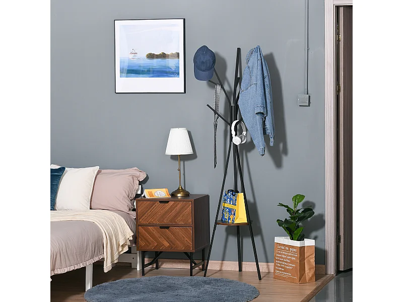 HOMCOM Porte-manteau trépied design contemporain branches étagère + 9 patères dim. 45L x 45l x 180H cm métal marron