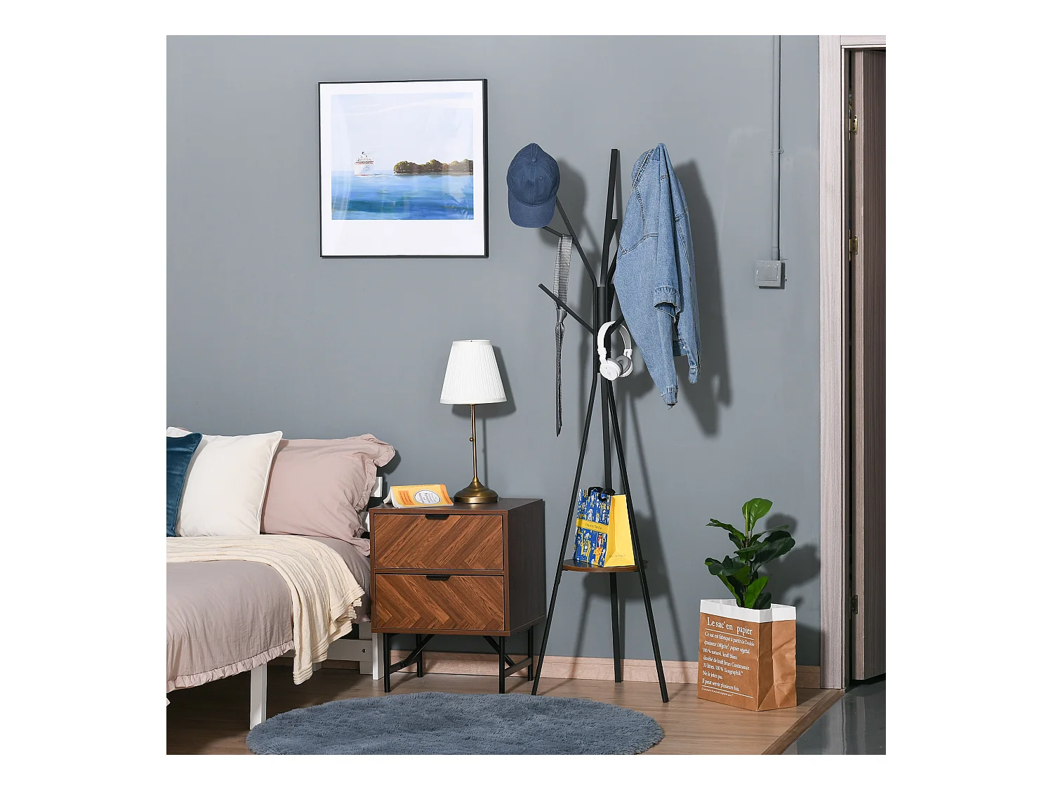 HOMCOM Porte-manteau trépied design contemporain branches étagère + 9 patères dim. 45L x 45l x 180H cm métal marron