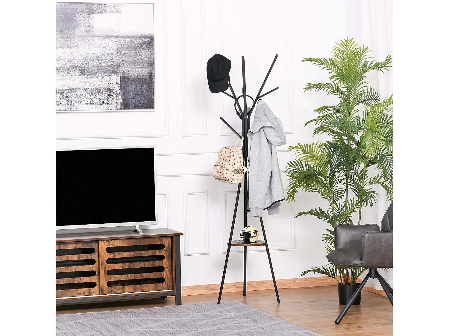 HOMCOM Porte-manteau trépied design contemporain branches étagère + 9 patères dim. 45L x 45l x 180H cm métal marron