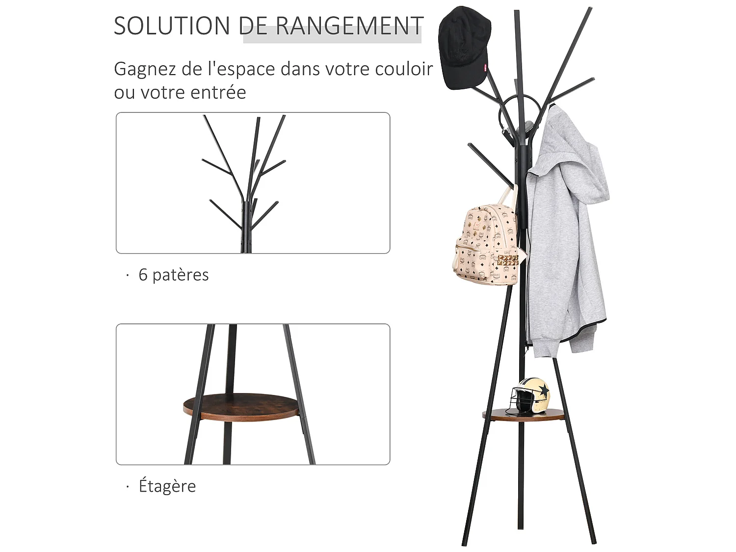 HOMCOM Porte-manteau trépied design contemporain branches étagère + 9 patères dim. 45L x 45l x 180H cm métal marron