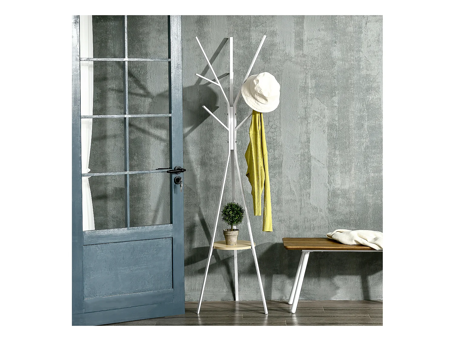 HOMCOM Porte-manteau trépied design contemporain branches étagère + 9 patères dim. 45L x 45l x 180H cm métal gris clair