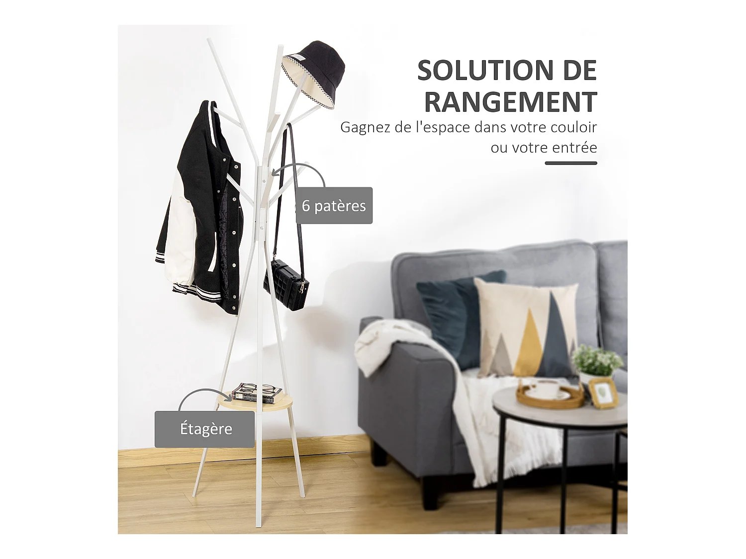 HOMCOM Porte-manteau trépied design contemporain branches étagère + 9 patères dim. 45L x 45l x 180H cm métal gris clair