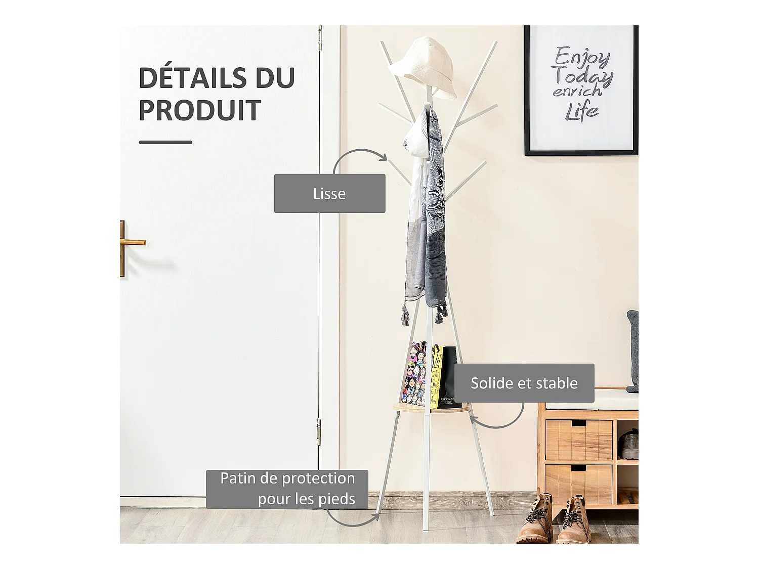 HOMCOM Porte-manteau trépied design contemporain branches étagère + 9 patères dim. 45L x 45l x 180H cm métal gris clair