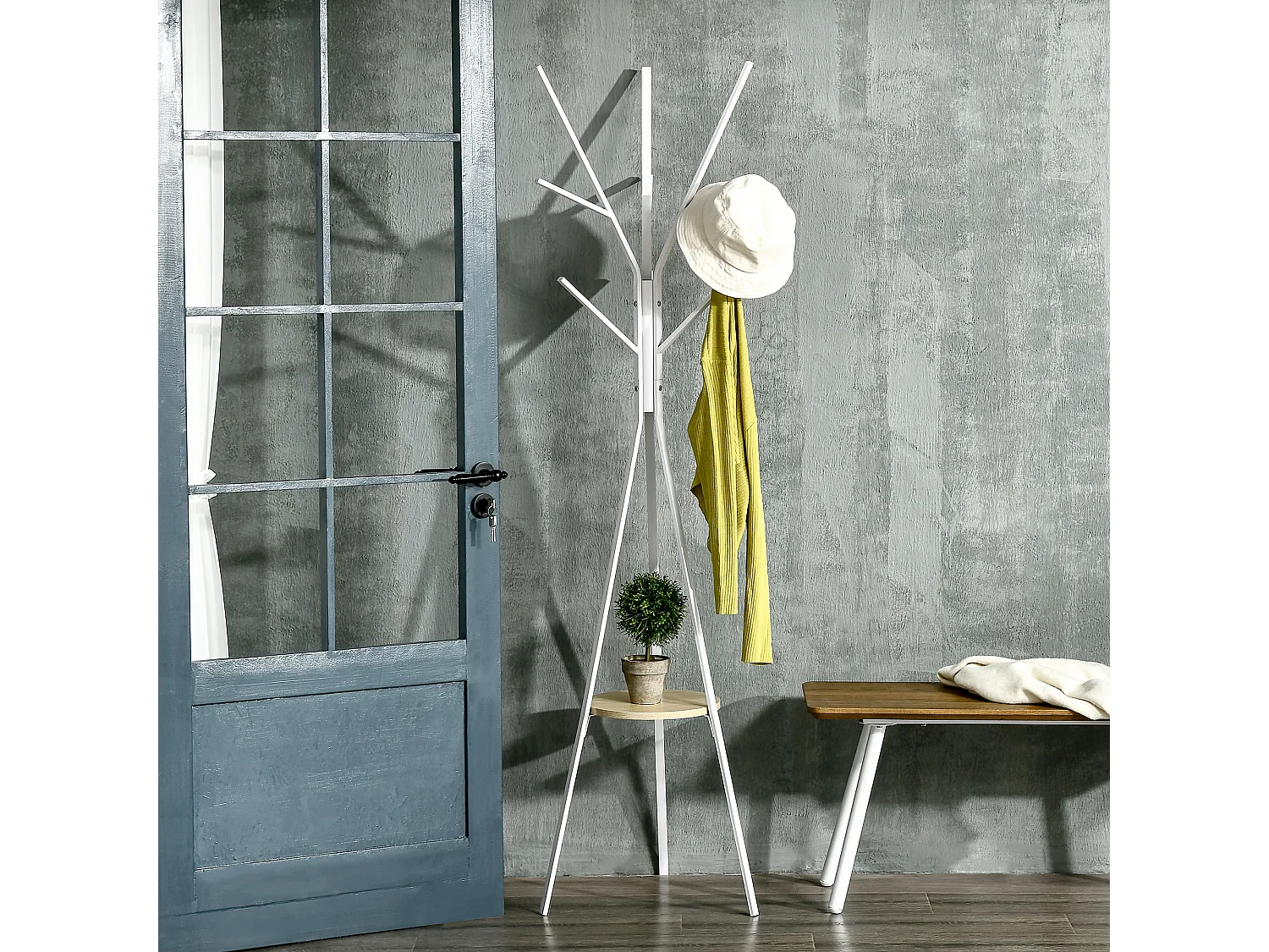HOMCOM Porte-manteau trépied design contemporain branches étagère + 9 patères dim. 45L x 45l x 180H cm métal gris clair