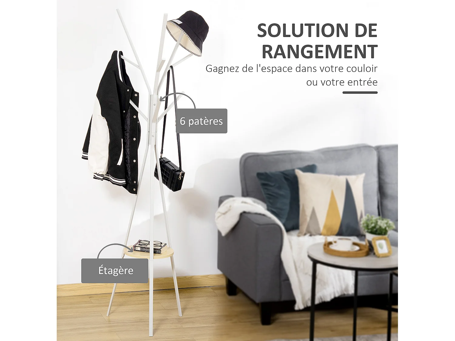 HOMCOM Porte-manteau trépied design contemporain branches étagère + 9 patères dim. 45L x 45l x 180H cm métal gris clair