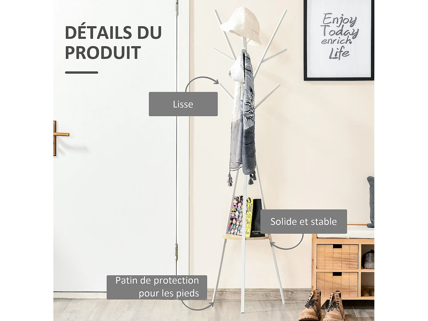 HOMCOM Porte-manteau trépied design contemporain branches étagère + 9 patères dim. 45L x 45l x 180H cm métal gris clair