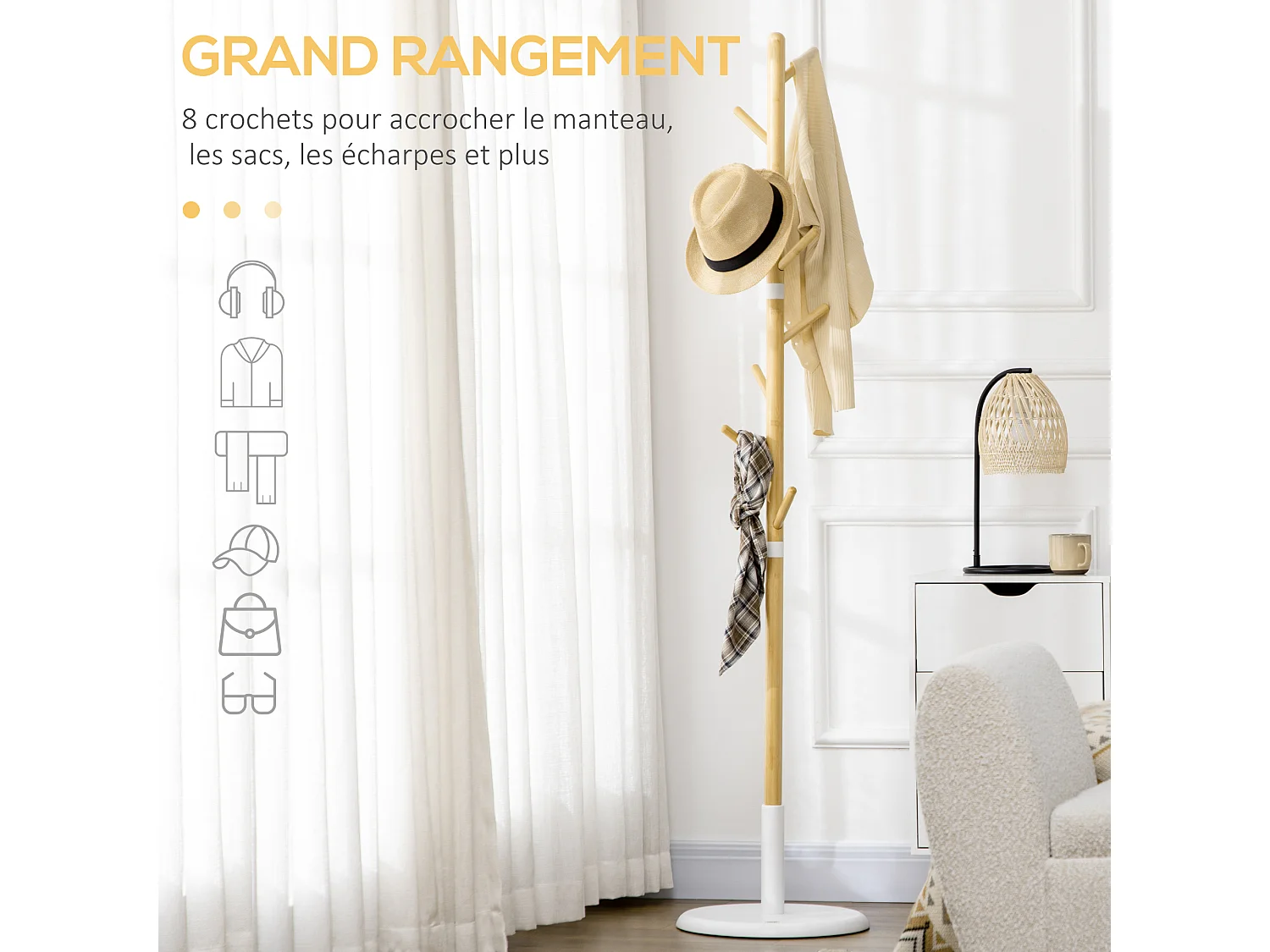 Porte-manteau design scandinave branches 8 patères Ø 37,8 x 175,6H cm piètement métal blanc bois bambou verni