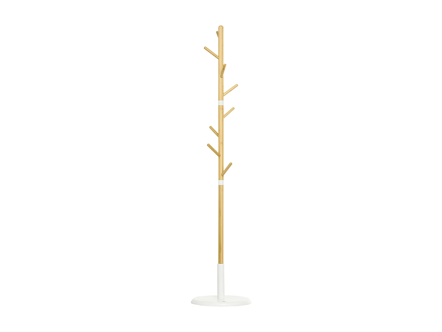 Porte-manteau design scandinave branches 8 patères Ø 37,8 x 175,6H cm piètement métal blanc bois bambou verni