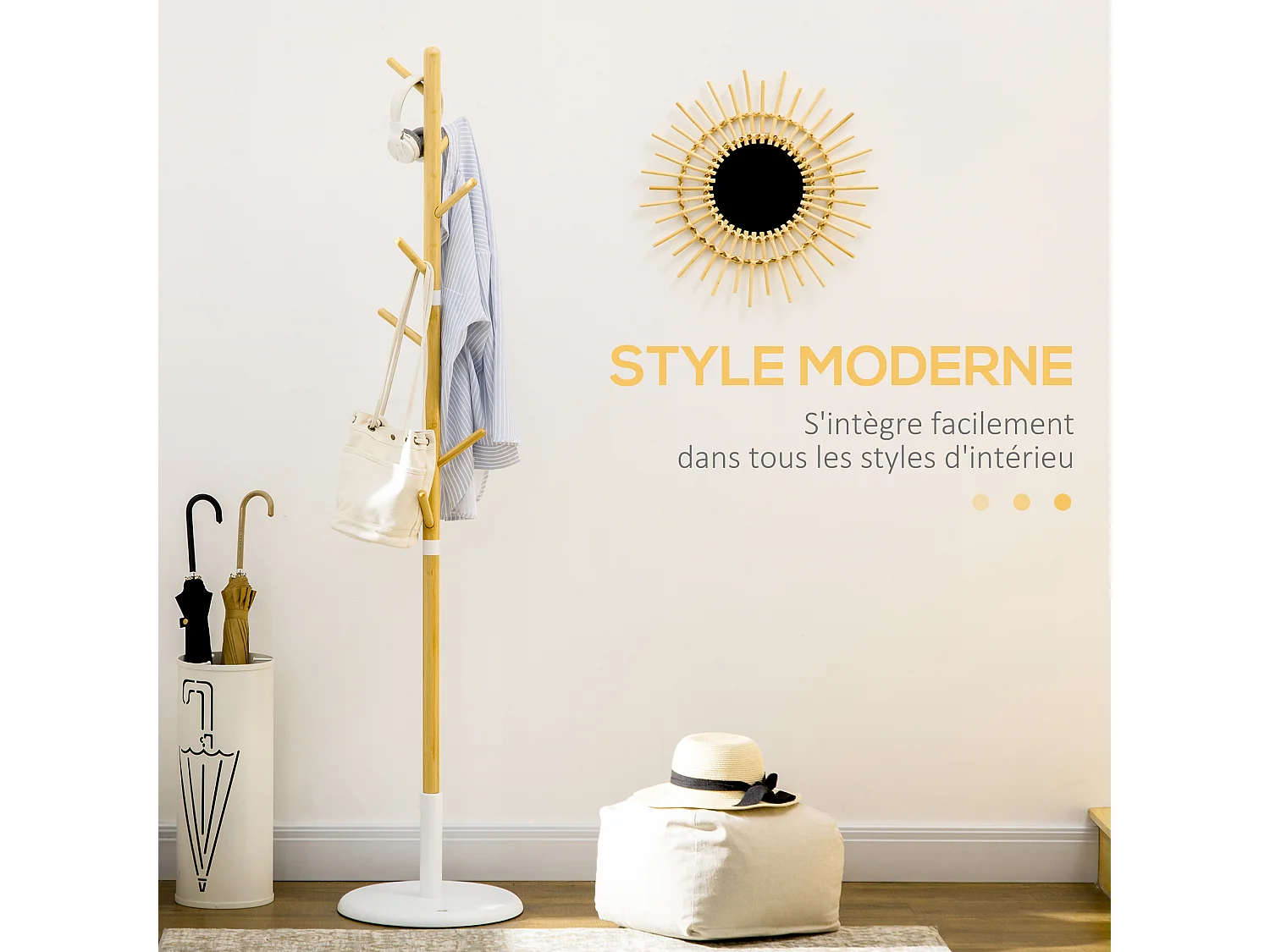 Porte-manteau design scandinave branches 8 patères Ø 37,8 x 175,6H cm piètement métal blanc bois bambou verni