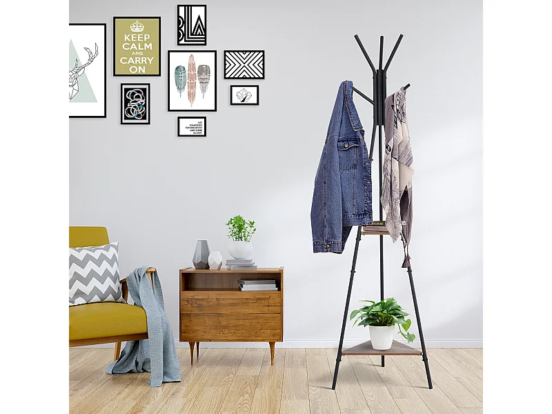 HOMCOM Porte-manteau trépied style industriel branches 2 étagères + 6 patères dim. 52L x 46l x 182H cm métal noir panneaux particules boisés