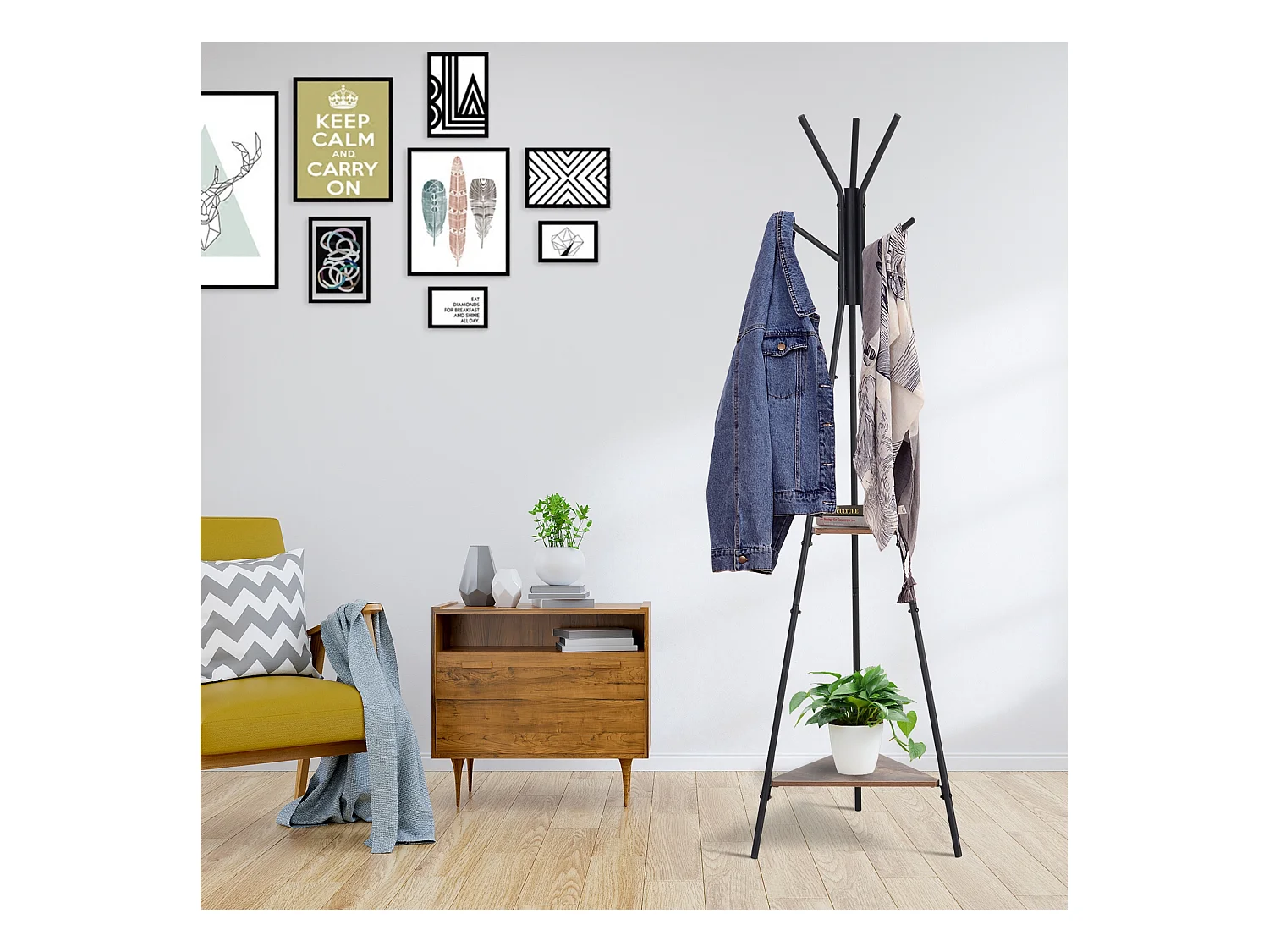 HOMCOM Porte-manteau trépied style industriel branches 2 étagères + 6 patères dim. 52L x 46l x 182H cm métal noir panneaux particules boisés