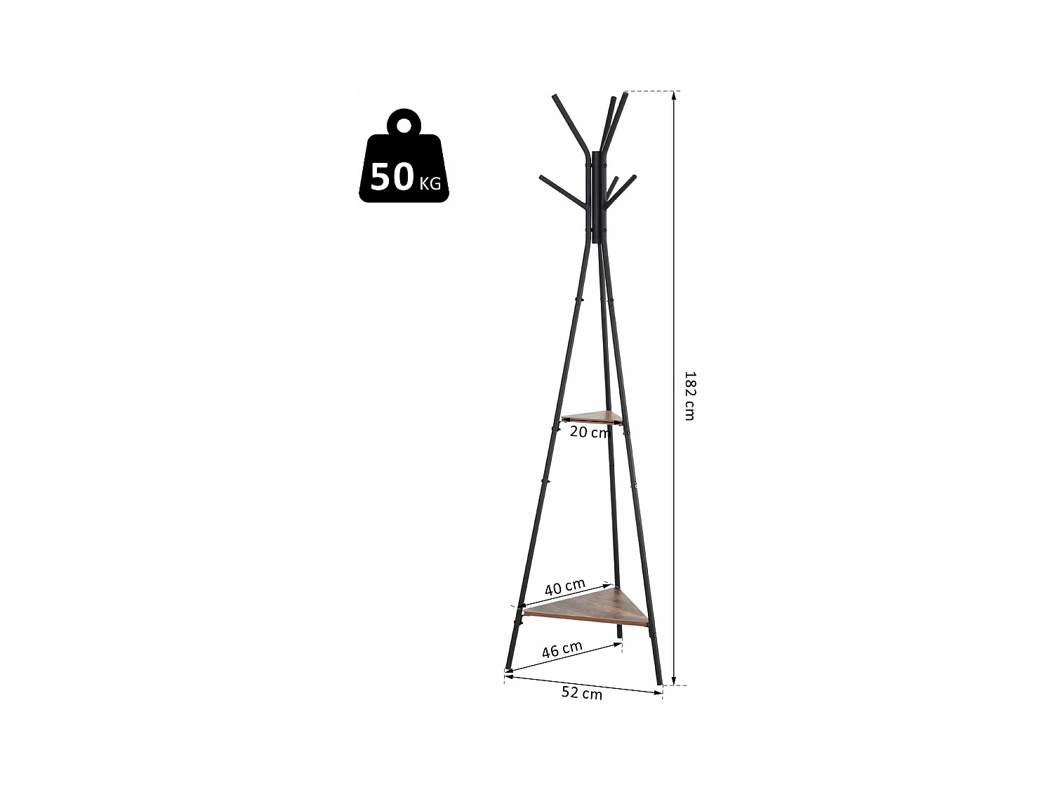 HOMCOM Porte-manteau trépied style industriel branches 2 étagères + 6 patères dim. 52L x 46l x 182H cm métal noir panneaux particules boisés