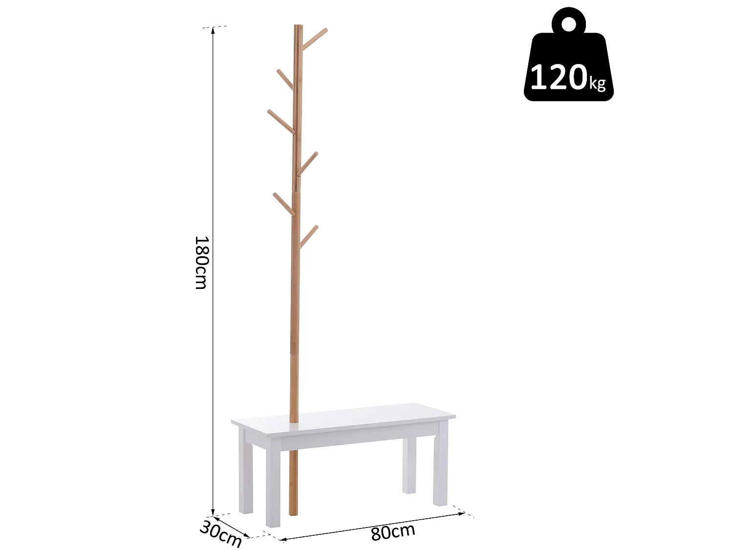 HOMCOM Banc porte-manteaux 2 en 1 design contemporain cosy dim. 80L x 30l x 180H cm MDF blanc bois massif bambou