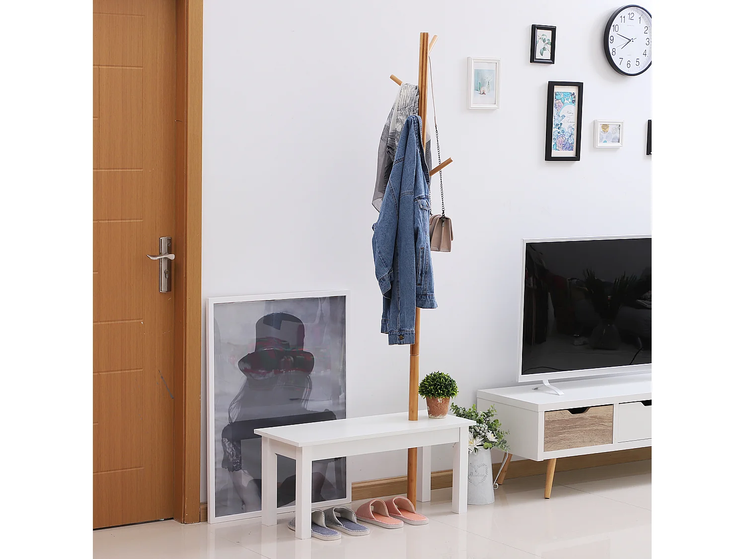 HOMCOM Banc porte-manteaux 2 en 1 design contemporain cosy dim. 80L x 30l x 180H cm MDF blanc bois massif bambou