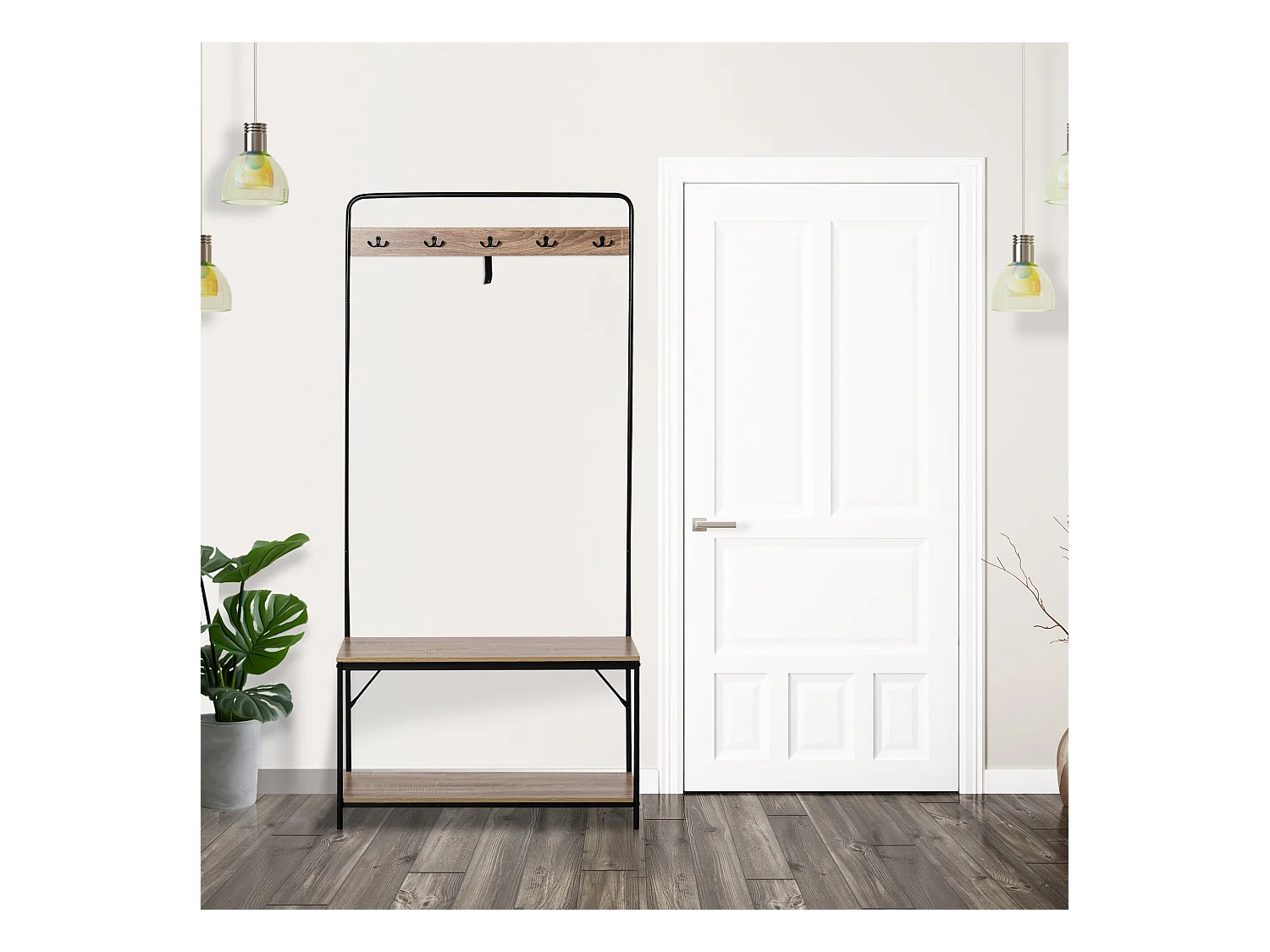 Vestiaire d'entrée banc porte-manteaux avec étagère à chaussures style industriel 80L x 30l x 170H cm imitation chêne clair métal noir