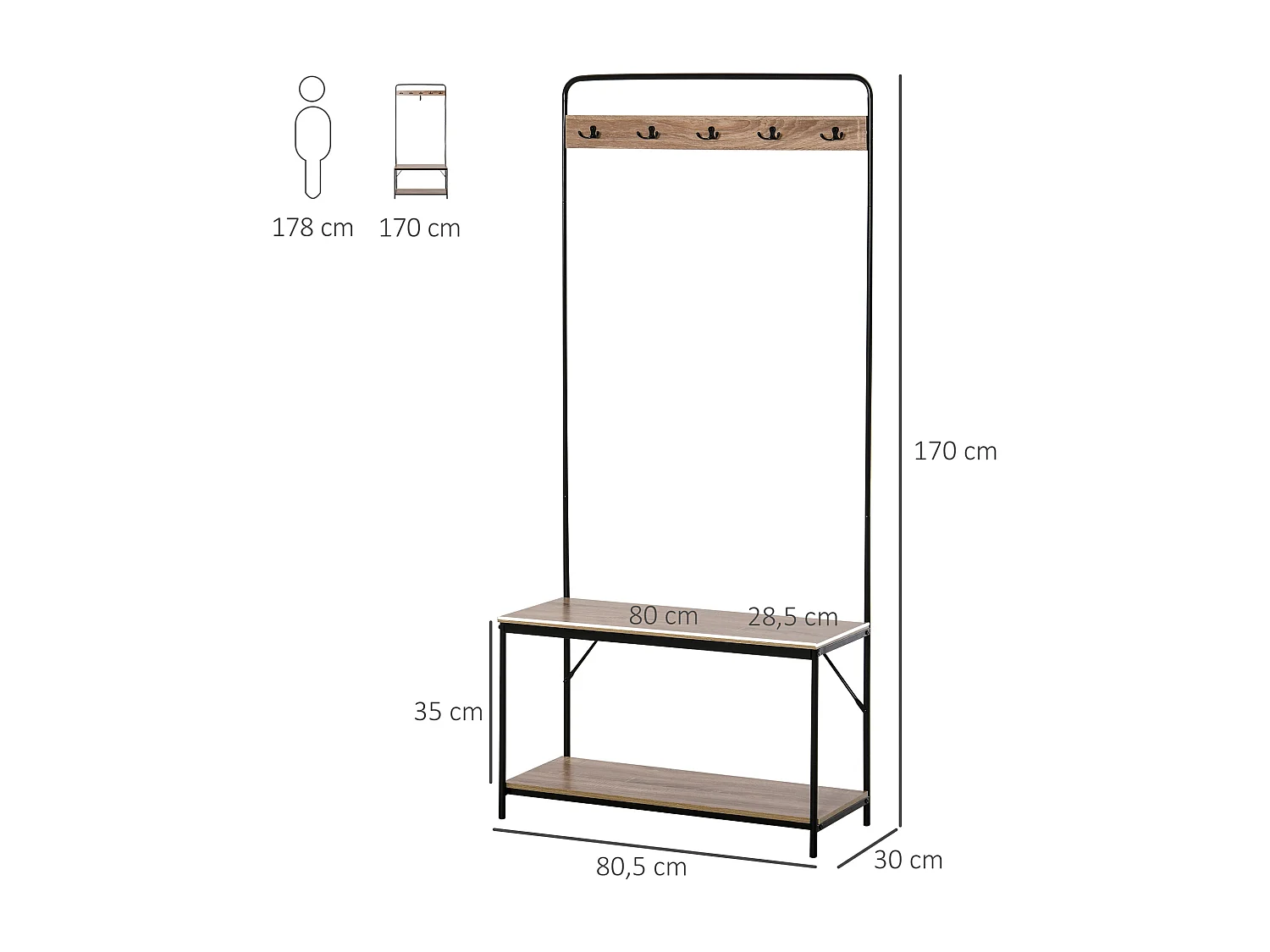 Vestiaire d'entrée banc porte-manteaux avec étagère à chaussures style industriel 80L x 30l x 170H cm imitation chêne clair métal noir