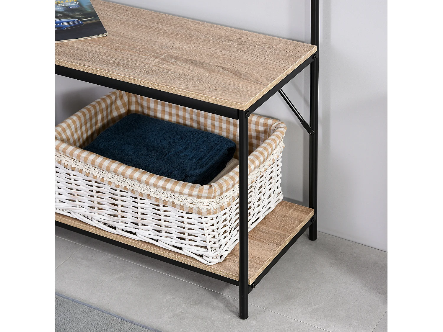 Vestiaire d'entrée banc porte-manteaux avec étagère à chaussures style industriel 80L x 30l x 170H cm imitation chêne clair métal noir