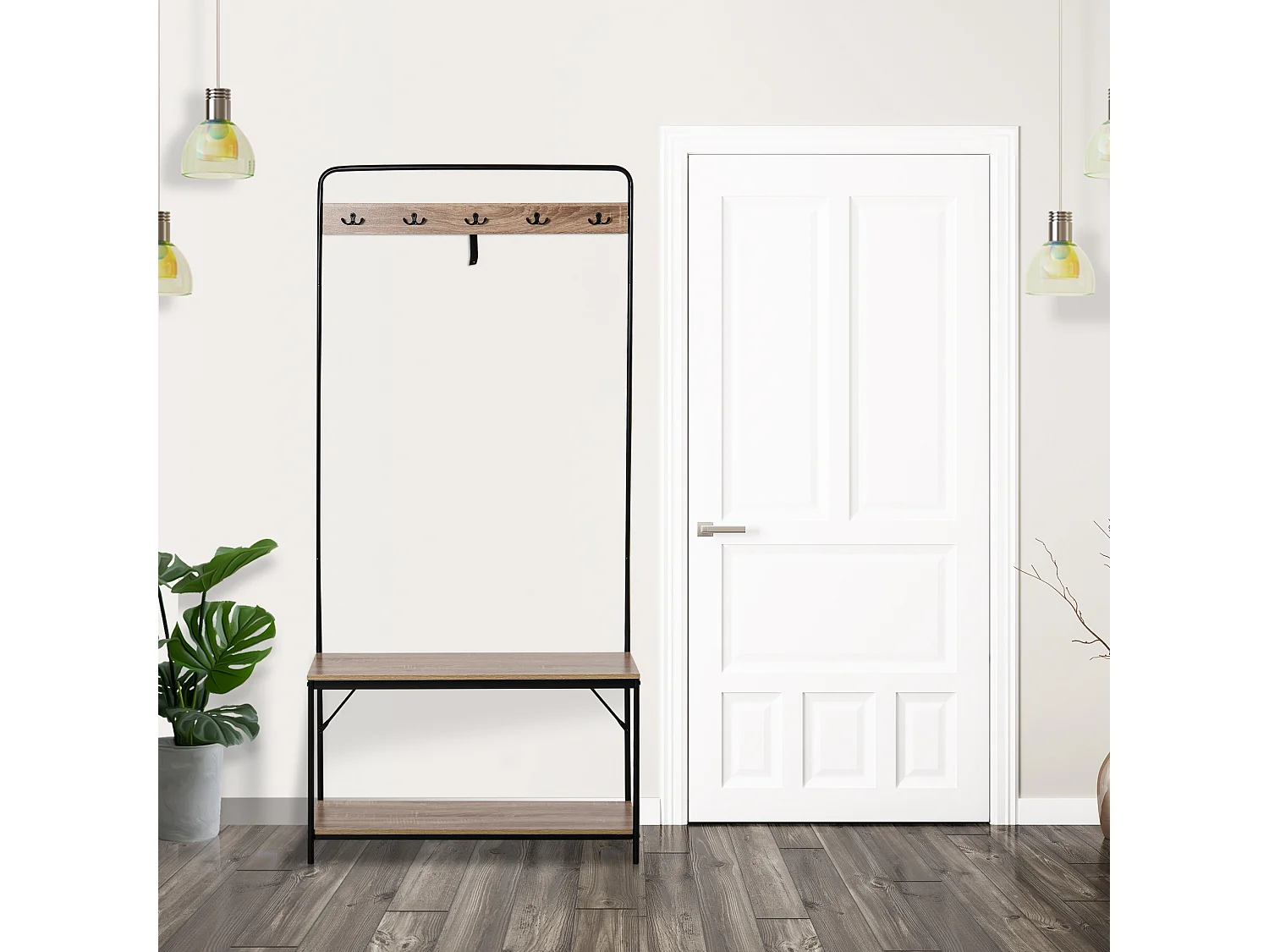 Vestiaire d'entrée banc porte-manteaux avec étagère à chaussures style industriel 80L x 30l x 170H cm imitation chêne clair métal noir