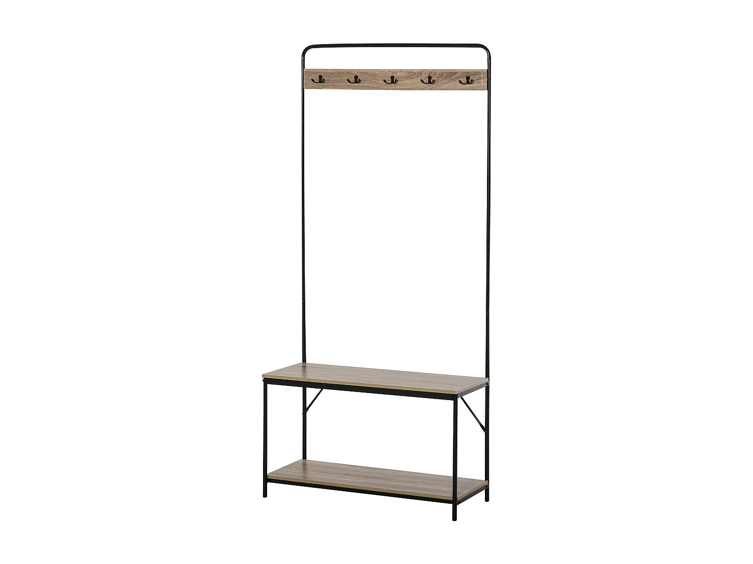Vestiaire d'entrée banc porte-manteaux avec étagère à chaussures style industriel 80L x 30l x 170H cm imitation chêne clair métal noir