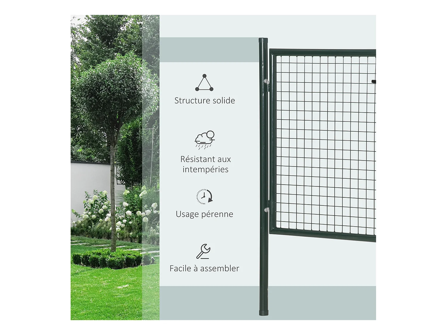 Portillon grillagé dim. 97L x 150H cm - gâche réversible, serrure encastrée, 3 clés - acier vert