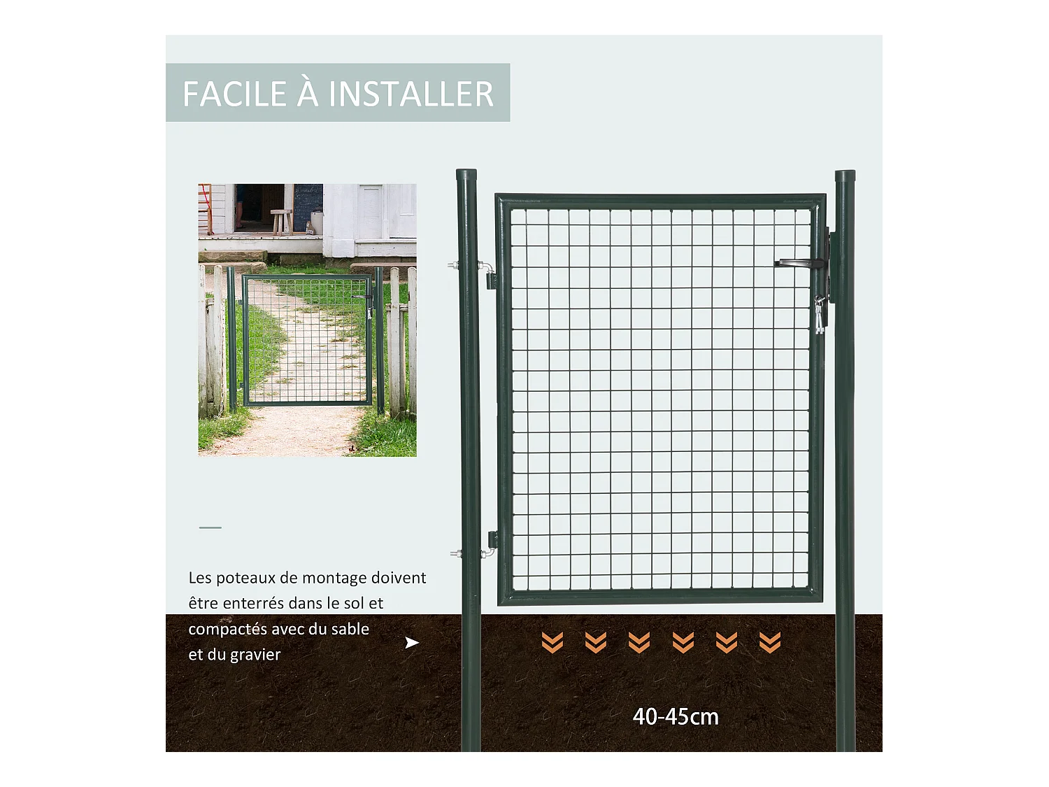 Portillon grillagé dim. 97L x 150H cm - gâche réversible, serrure encastrée, 3 clés - acier vert
