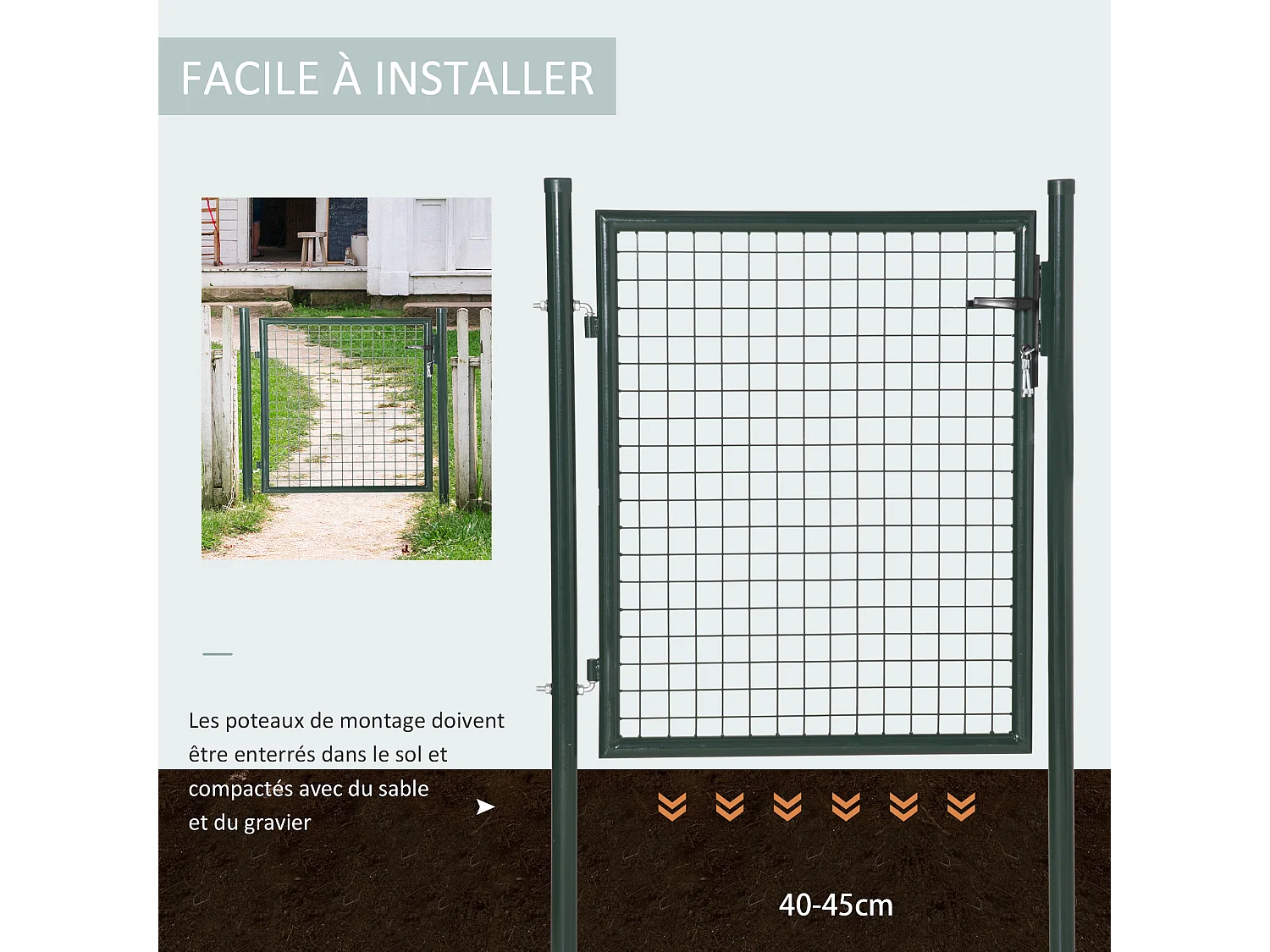 Portillon grillagé dim. 97L x 150H cm - gâche réversible, serrure encastrée, 3 clés - acier vert