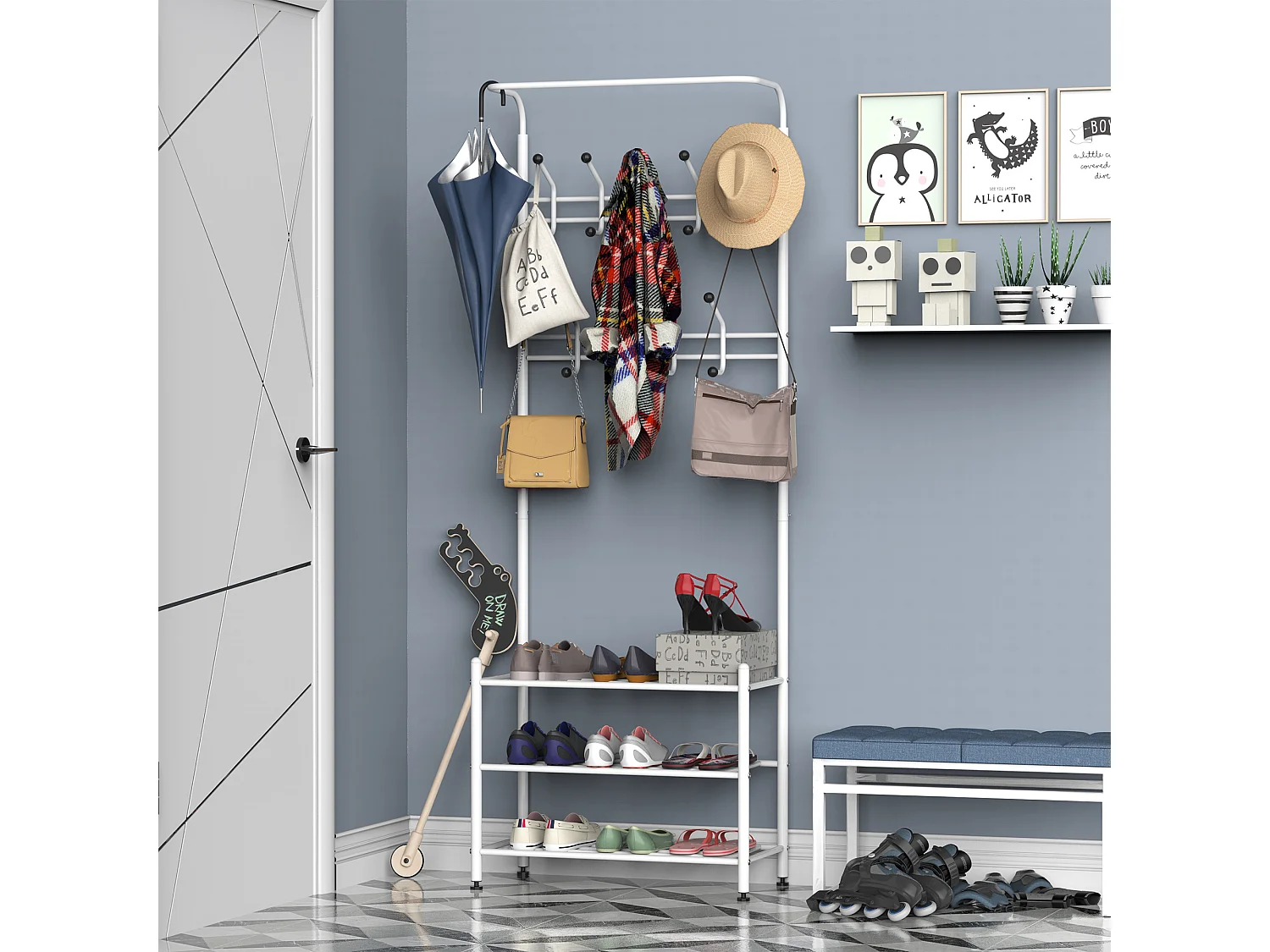 Portant vêtement porte-manteaux vestiaire d'entrée style contemporain multi-rangements 67L x 30l x 185H cm blanc